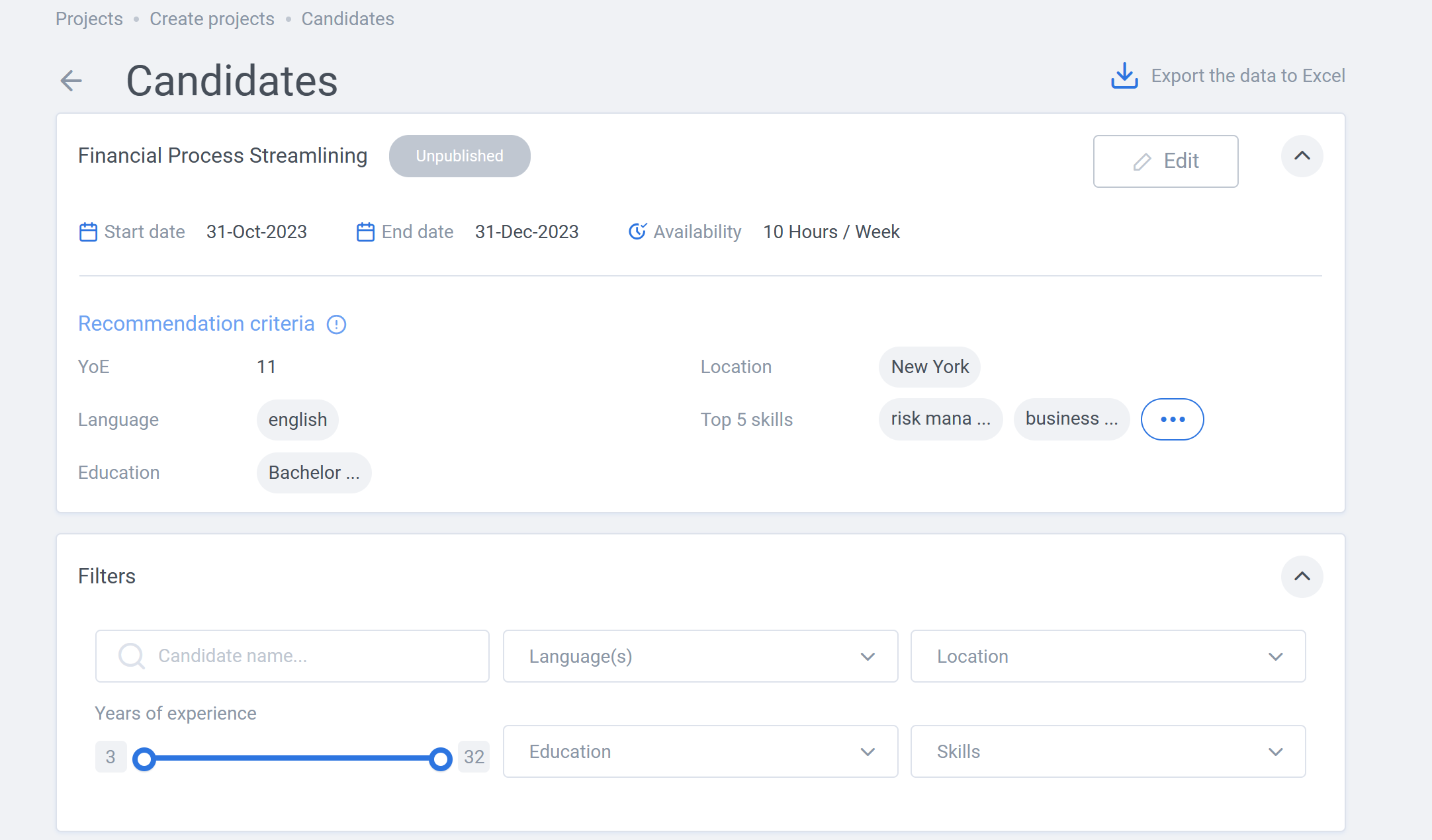 Projects: Create Project Edit/Filter