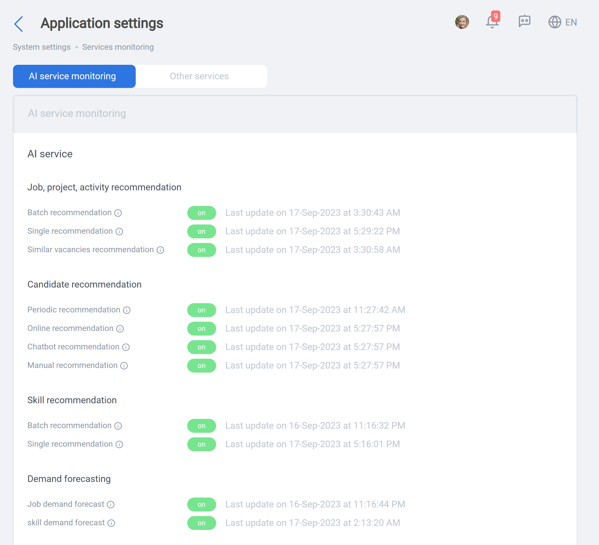 System settings: Services monitoring
